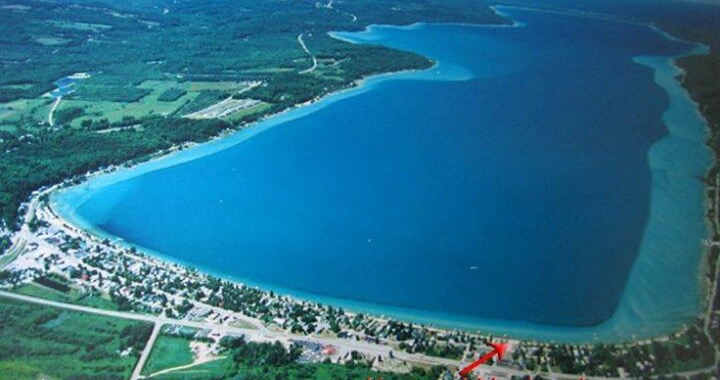 Aerial view of Crystal Lake and the surrounding shoreline